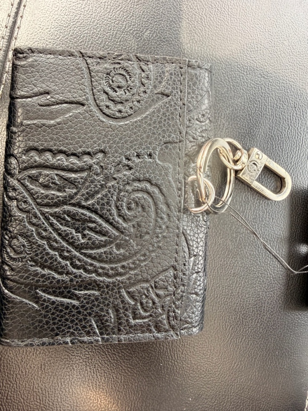 Embossed Black Leather Bifold Wallet with Key Clip